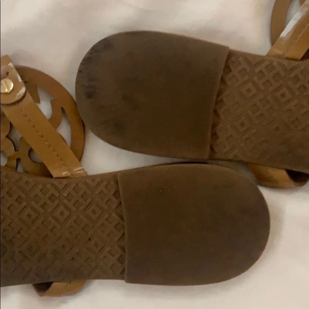 Tory Burch Style Brown Leather Logo Cutout Thong Sandals